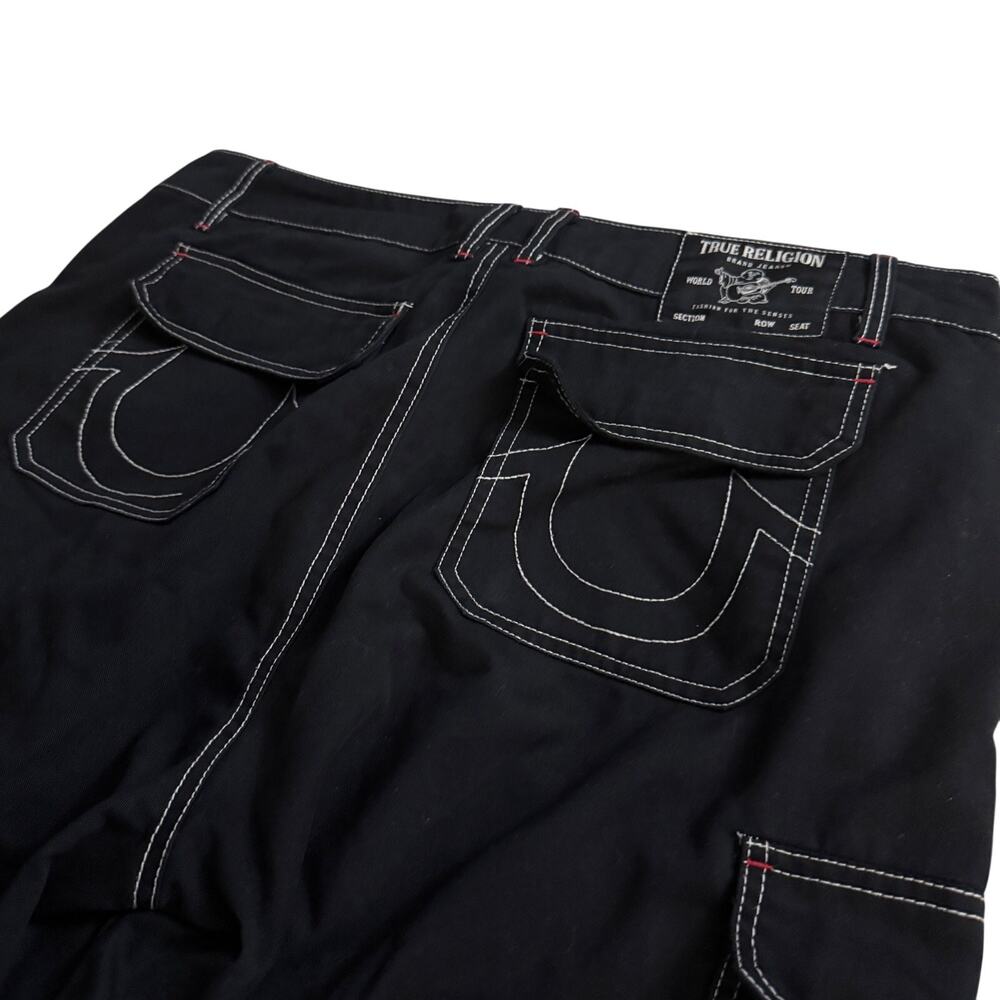 True Religion Black Cargo Shorts Contrast Stitch Size 36 Y2K